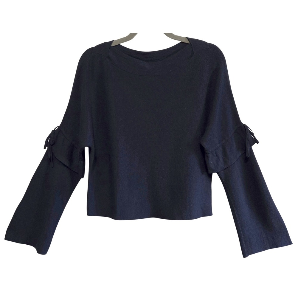 Vince Modern Chic Black 100% Wool Ruffle Tie Bell Sleeve Boat Neck Sweater M